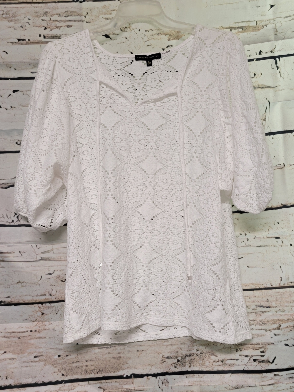 Adrienne Vittadini White Lace Crochet Blouse Puff Sleeve Tie Neck Top Women's L
